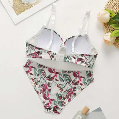 Women'S Underwear Set Vacation Casual Style with Steel Ring Push up Bra Print Breathable Female Panty Brasserie