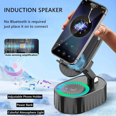 5 In1 Wireless Induction Bluetooth Speaker Phone Stand Cellphone Charger Power Bank Atmosphere Light Tablet Holder Bracket Black
