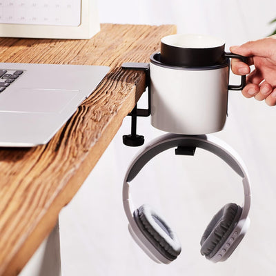Sturdy 2-In-1 under Desk Headphone Holder with Cup Holder for Desk Table in Office,Home.Coffee Mug Holder,Drinking Cup Holder,Tumbler Holder(White)