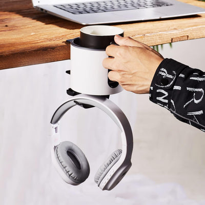 Sturdy 2-In-1 under Desk Headphone Holder with Cup Holder for Desk Table in Office,Home.Coffee Mug Holder,Drinking Cup Holder,Tumbler Holder(White)