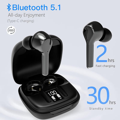 Wireless Earbuds, Bluetooth 5.1 In-Ear Headphones Stereo Sound, Wireless Earbuds with Charging Case IPX6 Waterproof,Bluetooth Earbuds with Mic Touch Control LED Display for Iphone and Android (Black)