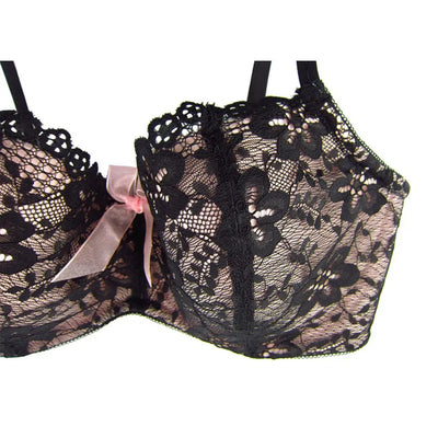 Women'S Underwear Bra Sexy Black Color Lace+Pink Bow Push up Bra plus Size B C D DD DDD E F G 30 - 40 High Quality Bralet7613