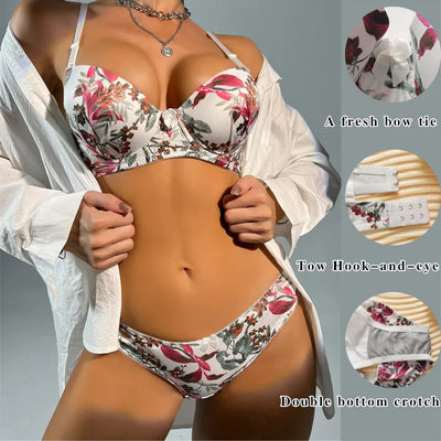 Women'S Underwear Set Vacation Casual Style with Steel Ring Push up Bra Print Breathable Female Panty Brasserie