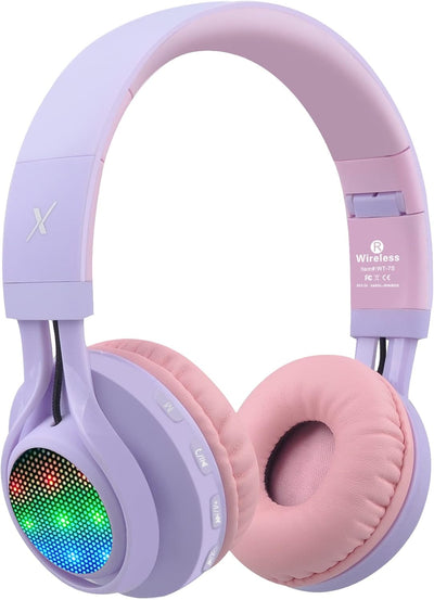 WT-7S Kids Bluetooth Headphones, LED Light up Wireless Foldable Stereo Headset with Microphone and Volume Control for Pc/Tablet/Tv/Travel (Blue)