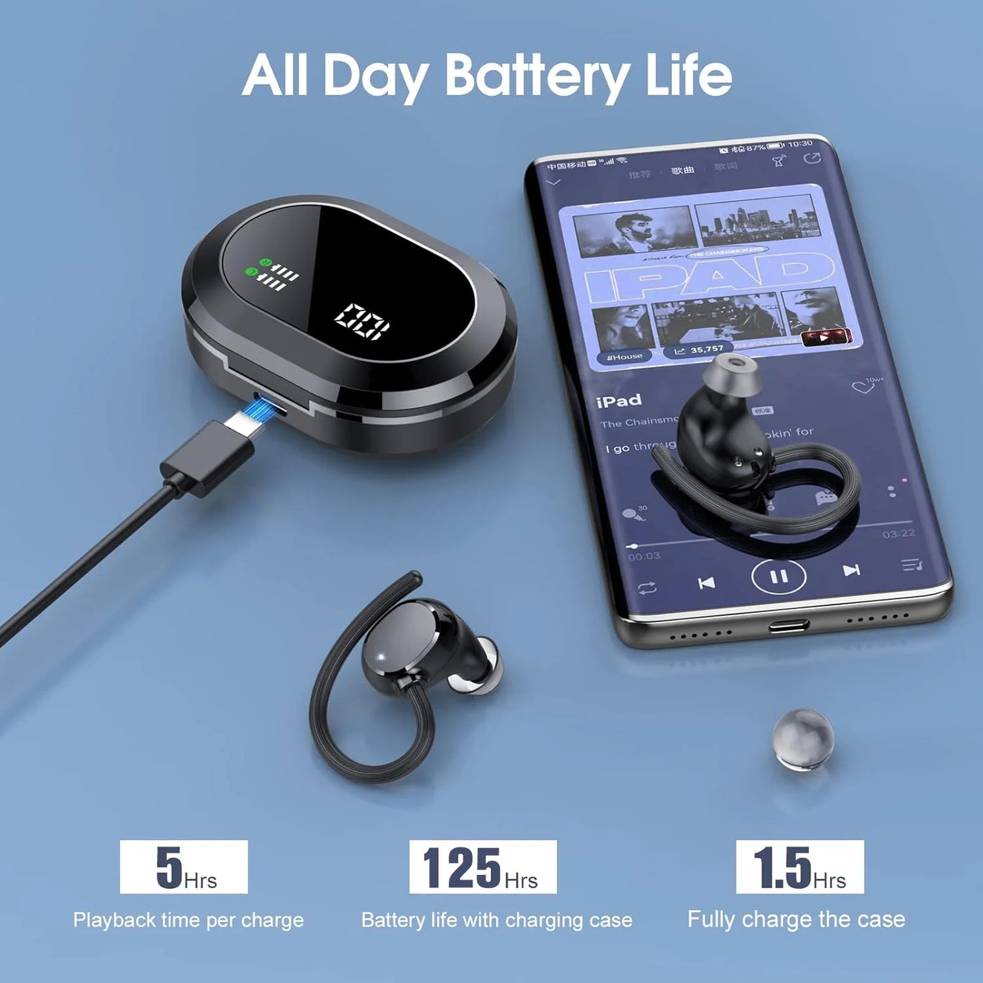 Ultralight Bluetooth Headphones Wireless Earbuds 125Hrs Sport Earphones with LED Display, Noise Cancelling Headphones with Earhooks Built-In Mic, IPX7 Waterproof Headset for Workout, Black