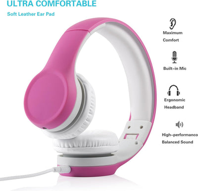 Kids Headphones with Cord, Toddler Headphones with Sharing Function, 85Db/93Db Safe Volume Limit, for Toddler Children Baby Boys Girls On-Line Study, School, Travel Use (Pink)