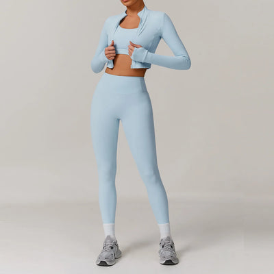 3PCS Yoga Set Women'S Gym Clothes Sportswear Yoga Suits Zipper Long Sleeve Push up Bra High Waist Leggings Sexy Sports Sets