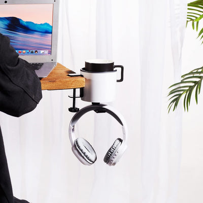 Sturdy 2-In-1 under Desk Headphone Holder with Cup Holder for Desk Table in Office,Home.Coffee Mug Holder,Drinking Cup Holder,Tumbler Holder(White)