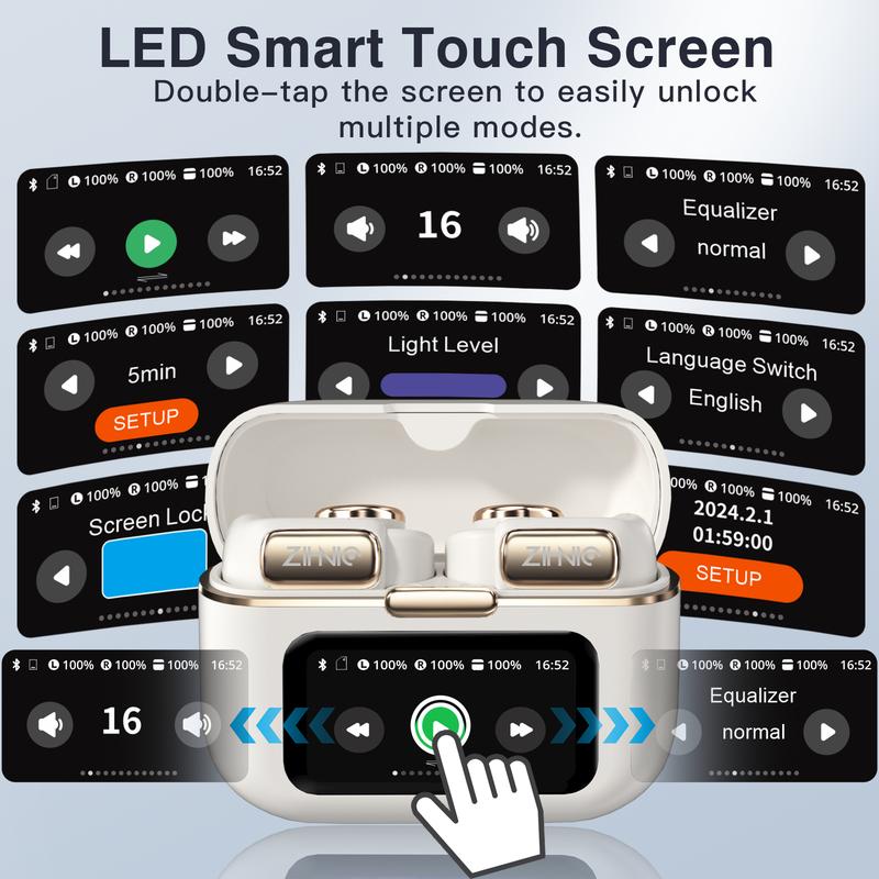 ZIHNIC S12 Open Earbuds Wireless Headphones LED Lights Touchscreenlight-Weight Earbuds Built-In Microphone Power Digital Display Stable Fit Fast Charge 36 Hours Playtime Fast Pair Clear Sound Sweatproof Charging Case Android/Ios