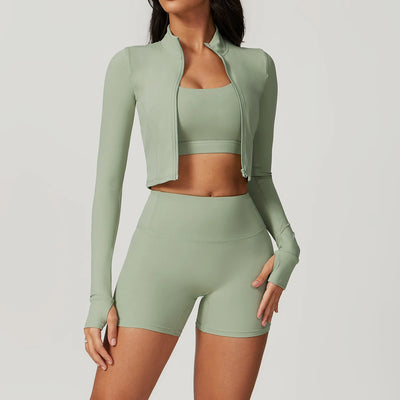 3PCS Yoga Set Women'S Gym Clothes Sportswear Yoga Suits Zipper Long Sleeve Push up Bra High Waist Leggings Sexy Sports Sets