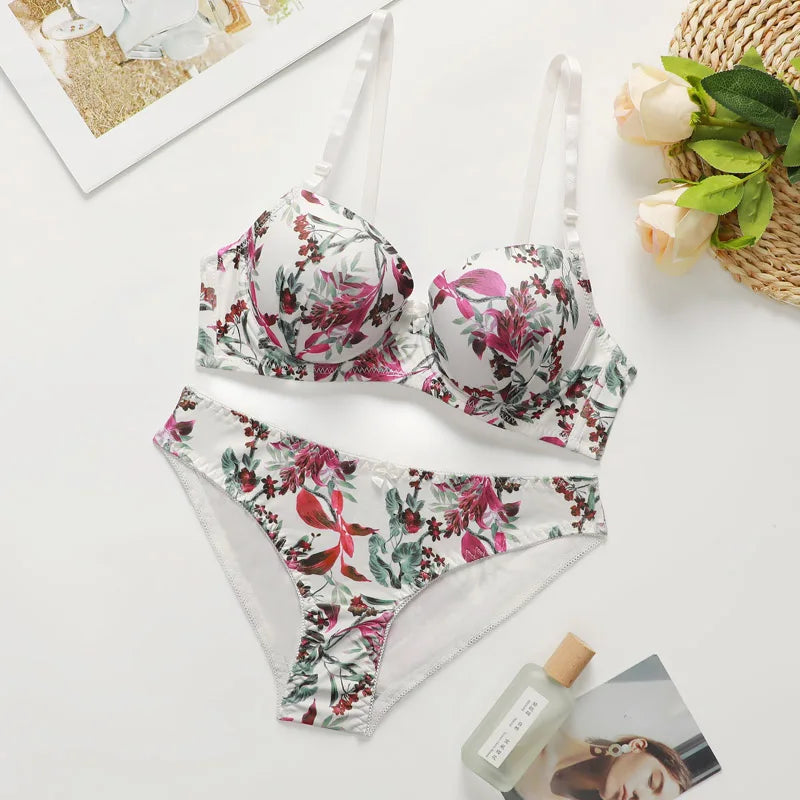 Women'S Underwear Set Vacation Casual Style with Steel Ring Push up Bra Print Breathable Female Panty Brasserie