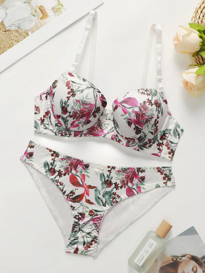 Women'S Underwear Set Vacation Casual Style with Steel Ring Push up Bra Print Breathable Female Panty Brasserie
