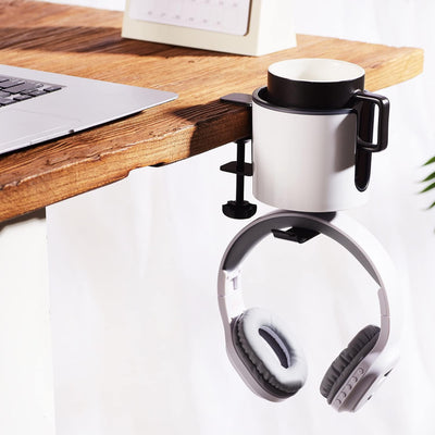 Sturdy 2-In-1 under Desk Headphone Holder with Cup Holder for Desk Table in Office,Home.Coffee Mug Holder,Drinking Cup Holder,Tumbler Holder(White)