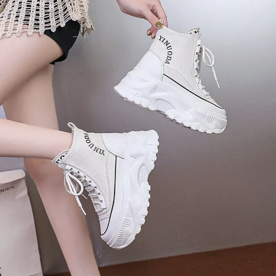 Women Sneakers High Top Platform Breathable Leather Shoes 2023 Autumn Ladies Wedges Casual Shoes For Woman Sports Dad Shoes 8CM