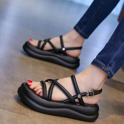 Flat Sandals Women 2025 New Summer Soft Sole Casual Roman Sandales Femmes Black White Cross Band Women's Shoes Sandalias Mujer