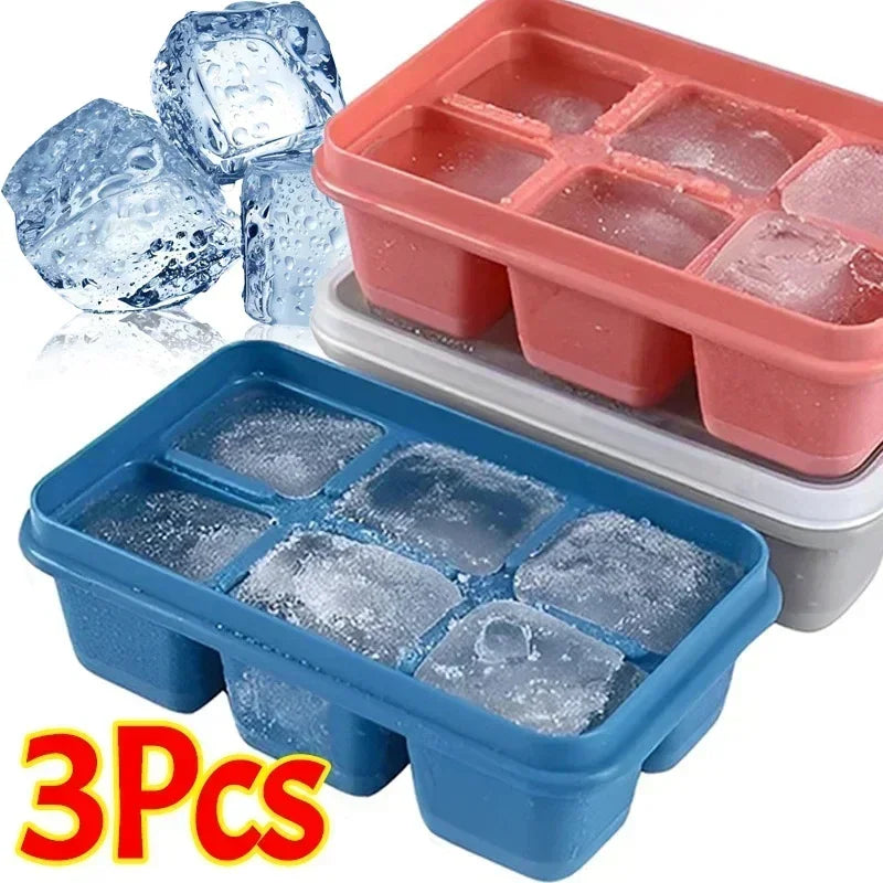 Silicone Ice Maker with Lid 6 Grid Ice Cube Mold Soft Bottom Square Shape Ice Cube Maker DIY Ice Cube Mould Kitchen Bar Tool