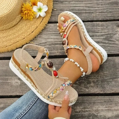 Women's Flat Sandals - Comfortable Beach Flip Flops with Ethnic Embroidery, Non-Slip Sole Casual Summer Sandals for Seaside & Va