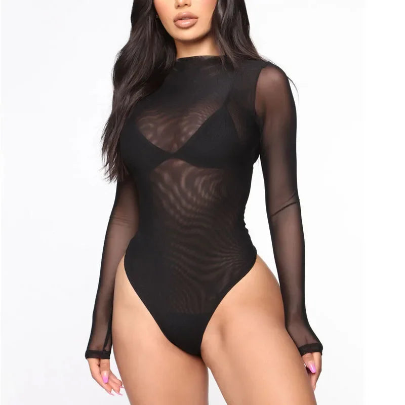 Sexy Women Sheer Transparent Bodysuit Summer Solid Color Long Sleeve Jumpsuits Bodysuits Female Clothing