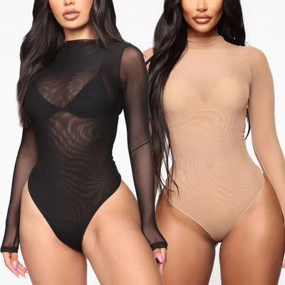 Sexy Women Sheer Transparent Bodysuit Summer Solid Color Long Sleeve Jumpsuits Bodysuits Female Clothing