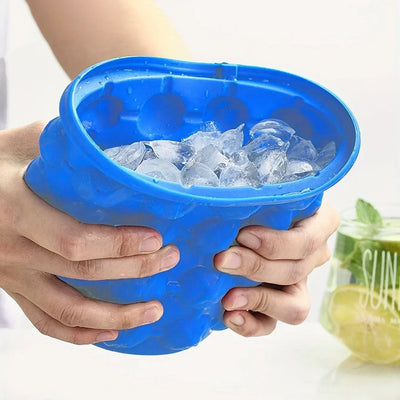 Ice Cube Mold Ice Tray Large Silicone Ice Bucket (2-In-1) Ice Cube Maker Circular Portable (Dark Blue) Suitable for Summer
