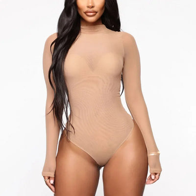 Sexy Women Sheer Transparent Bodysuit Summer Solid Color Long Sleeve Jumpsuits Bodysuits Female Clothing