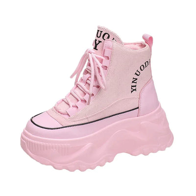 Women Sneakers High Top Platform Breathable Leather Shoes 2023 Autumn Ladies Wedges Casual Shoes For Woman Sports Dad Shoes 8CM