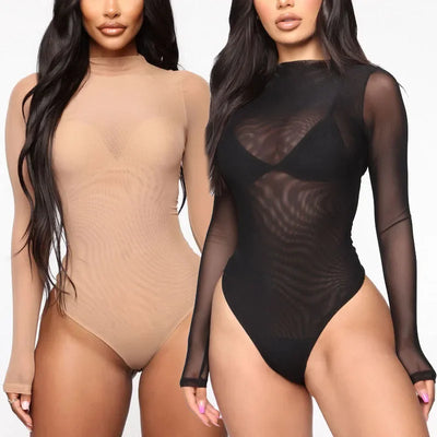 Sexy Women Sheer Transparent Bodysuit Summer Solid Color Long Sleeve Jumpsuits Bodysuits Female Clothing