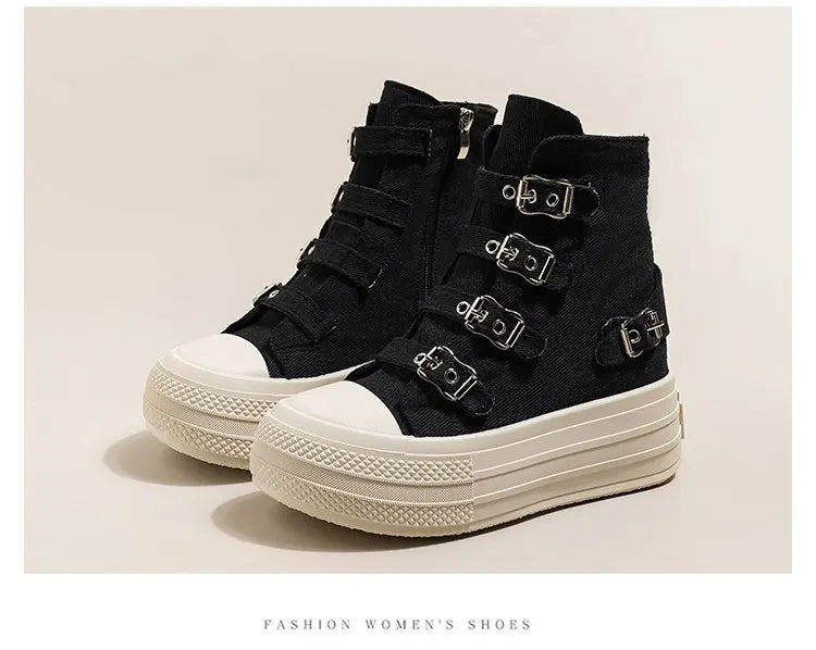 2025 Summer high Top sneakers for girls Design buckle strap platform Canvas skateboard Female sneakers tenis feminino adulto