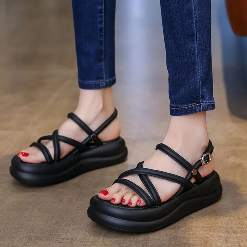 Flat Sandals Women 2025 New Summer Soft Sole Casual Roman Sandales Femmes Black White Cross Band Women's Shoes Sandalias Mujer