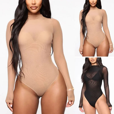 Sexy Women Sheer Transparent Bodysuit Summer Solid Color Long Sleeve Jumpsuits Bodysuits Female Clothing