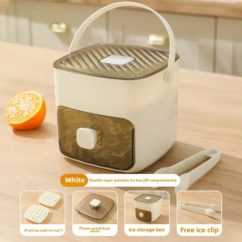 Double layer portable 48 grid press type ice maker with large capacity and easy demolding. Handheld ice box with lid and drawer