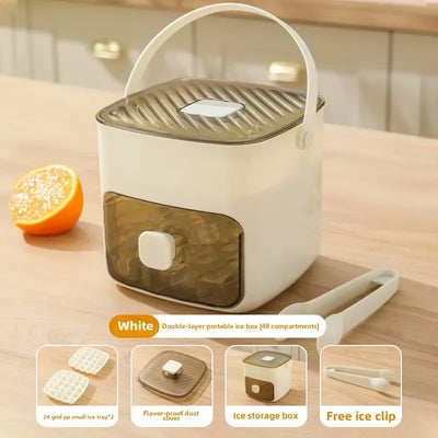 Double layer portable 48 grid press type ice maker with large capacity and easy demolding. Handheld ice box with lid and drawer