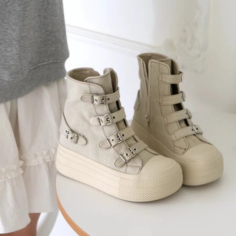 2025 Summer high Top sneakers for girls Design buckle strap platform Canvas skateboard Female sneakers tenis feminino adulto