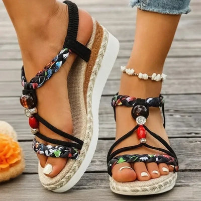 Women's Flat Sandals - Comfortable Beach Flip Flops with Ethnic Embroidery, Non-Slip Sole Casual Summer Sandals for Seaside & Va