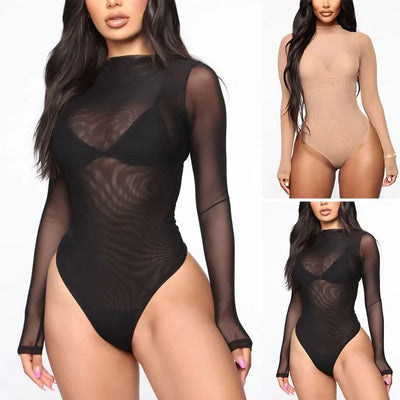 Sexy Women Sheer Transparent Bodysuit Summer Solid Color Long Sleeve Jumpsuits Bodysuits Female Clothing