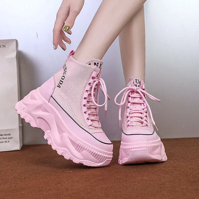 Women Sneakers High Top Platform Breathable Leather Shoes 2023 Autumn Ladies Wedges Casual Shoes For Woman Sports Dad Shoes 8CM
