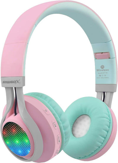 WT-7S Kids Bluetooth Headphones, LED Light up Wireless Foldable Stereo Headset with Microphone and Volume Control for Pc/Tablet/Tv/Travel (Blue)