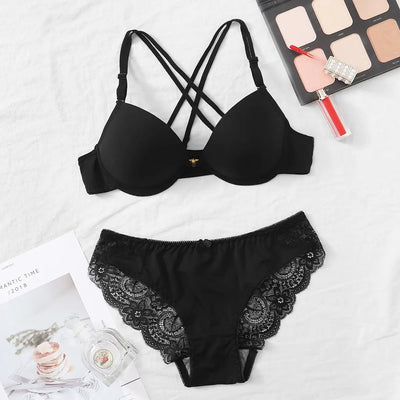 Sexy Lingerie for Lady Underwear with Steel Ring B Cup Push up Bra Intimate Tops Cross Strap Female Brassire Lace Panty