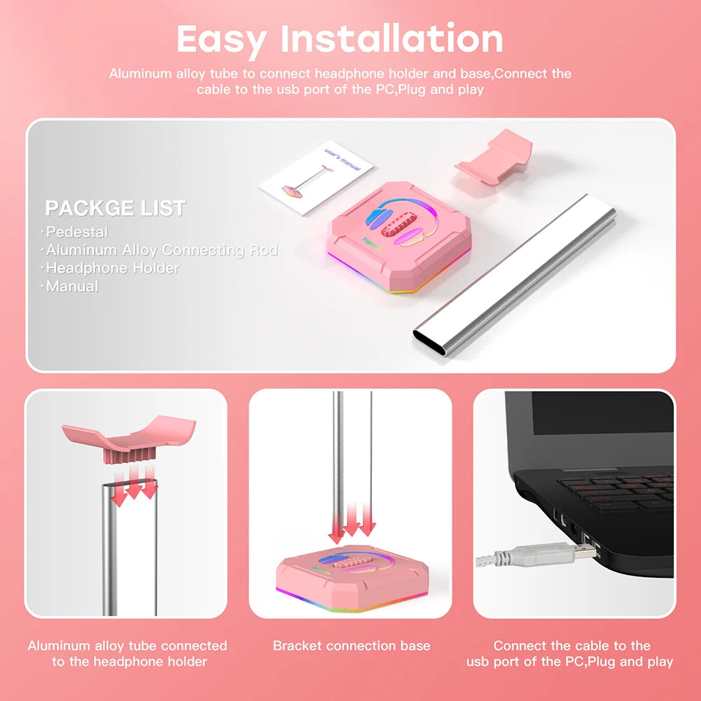 Headphone Holder RGB Backlight Head Mounted Headphone Stand Rack Space Saving Desktop Organizer Vertical Bracket Hanger