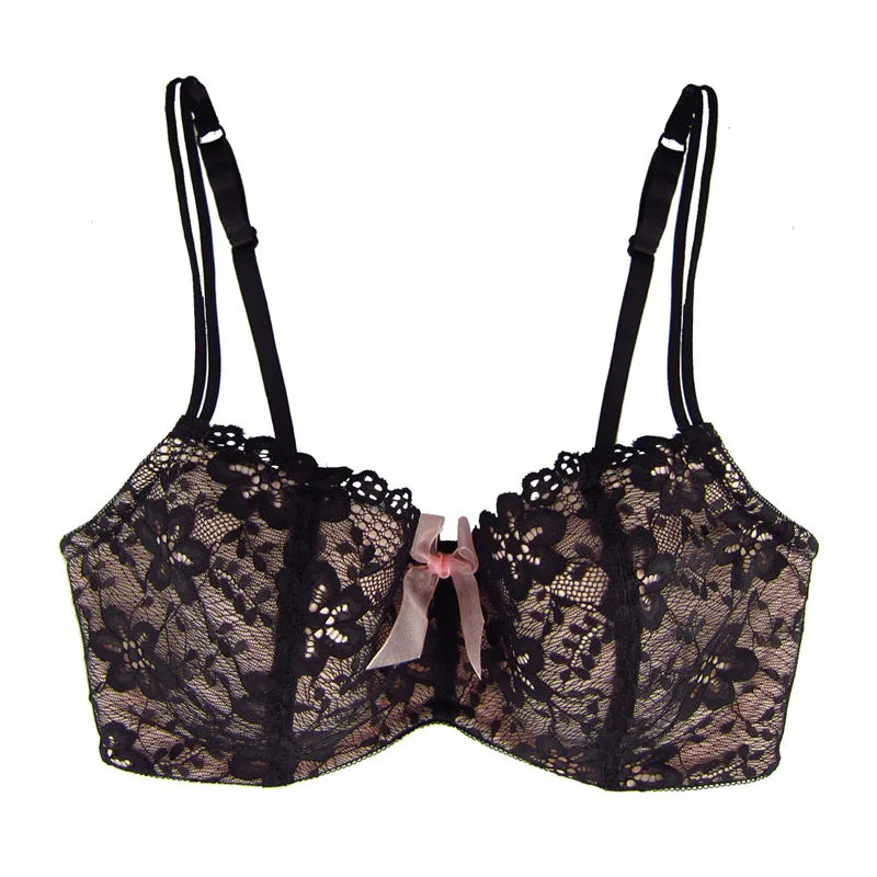 Women'S Underwear Bra Sexy Black Color Lace+Pink Bow Push up Bra plus Size B C D DD DDD E F G 30 - 40 High Quality Bralet7613