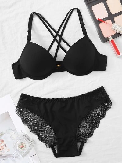 Sexy Lingerie for Lady Underwear with Steel Ring B Cup Push up Bra Intimate Tops Cross Strap Female Brassire Lace Panty