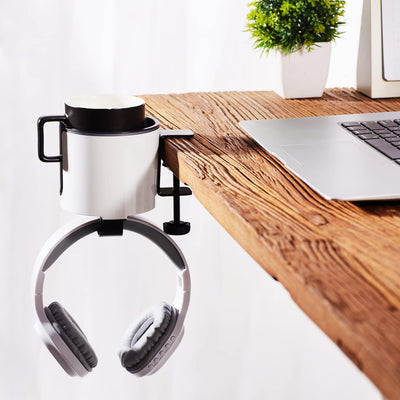 Sturdy 2-In-1 under Desk Headphone Holder with Cup Holder for Desk Table in Office,Home.Coffee Mug Holder,Drinking Cup Holder,Tumbler Holder(White)