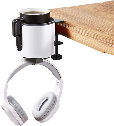 Sturdy 2-In-1 under Desk Headphone Holder with Cup Holder for Desk Table in Office,Home.Coffee Mug Holder,Drinking Cup Holder,Tumbler Holder(White)